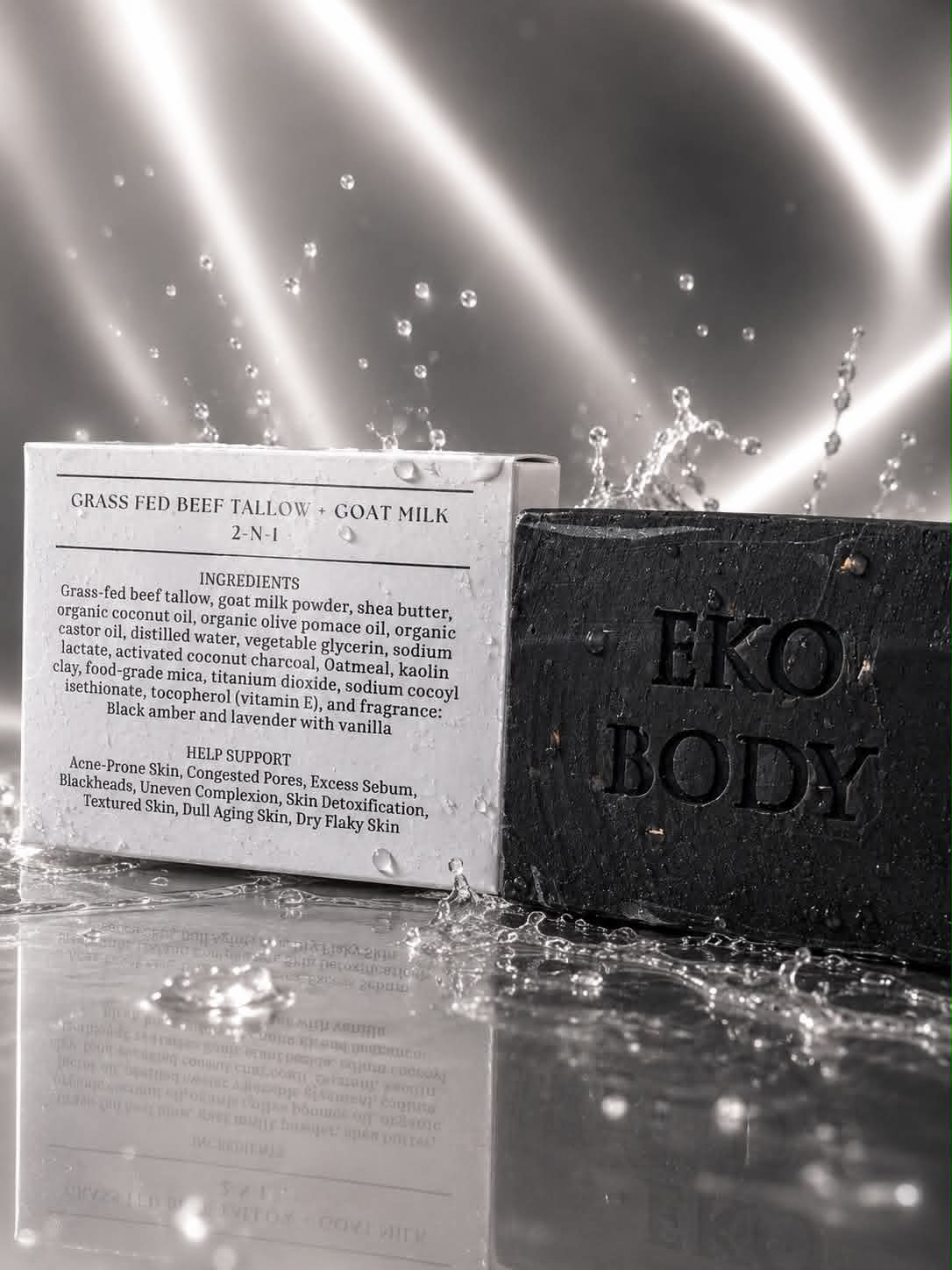 Eko Body soap bar with packaging on a reflective surface