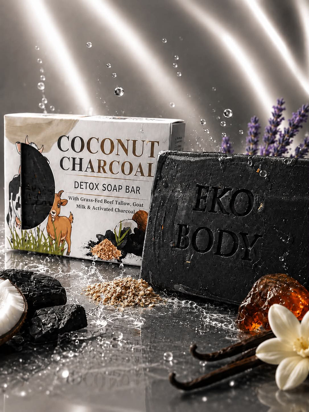 Eko Body coconut charcoal detox soap bar with packaging on a dark background