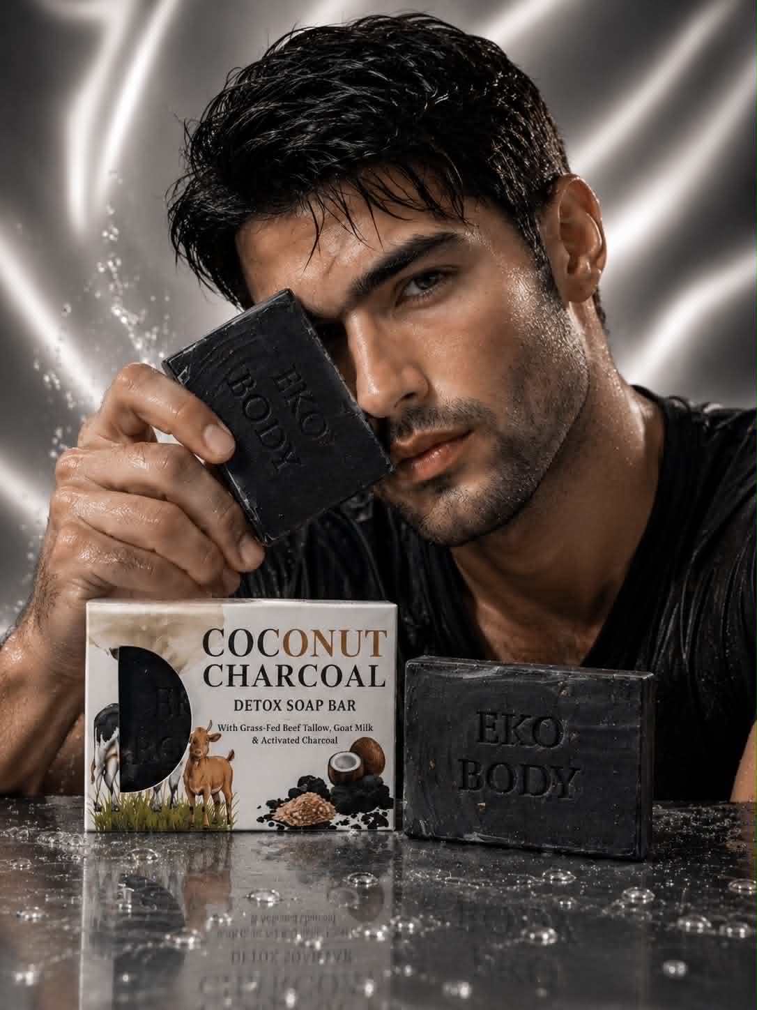 Man holding a bar of Eko Body Coconut Charcoal soap with packaging in front of him.